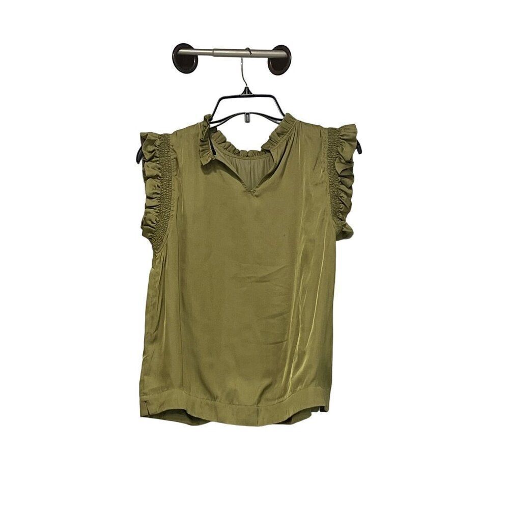 T Tahari Women’s Ruffle Trim Sleeveless Satin Blouse, Olive Green, S - Picture 11 of 12